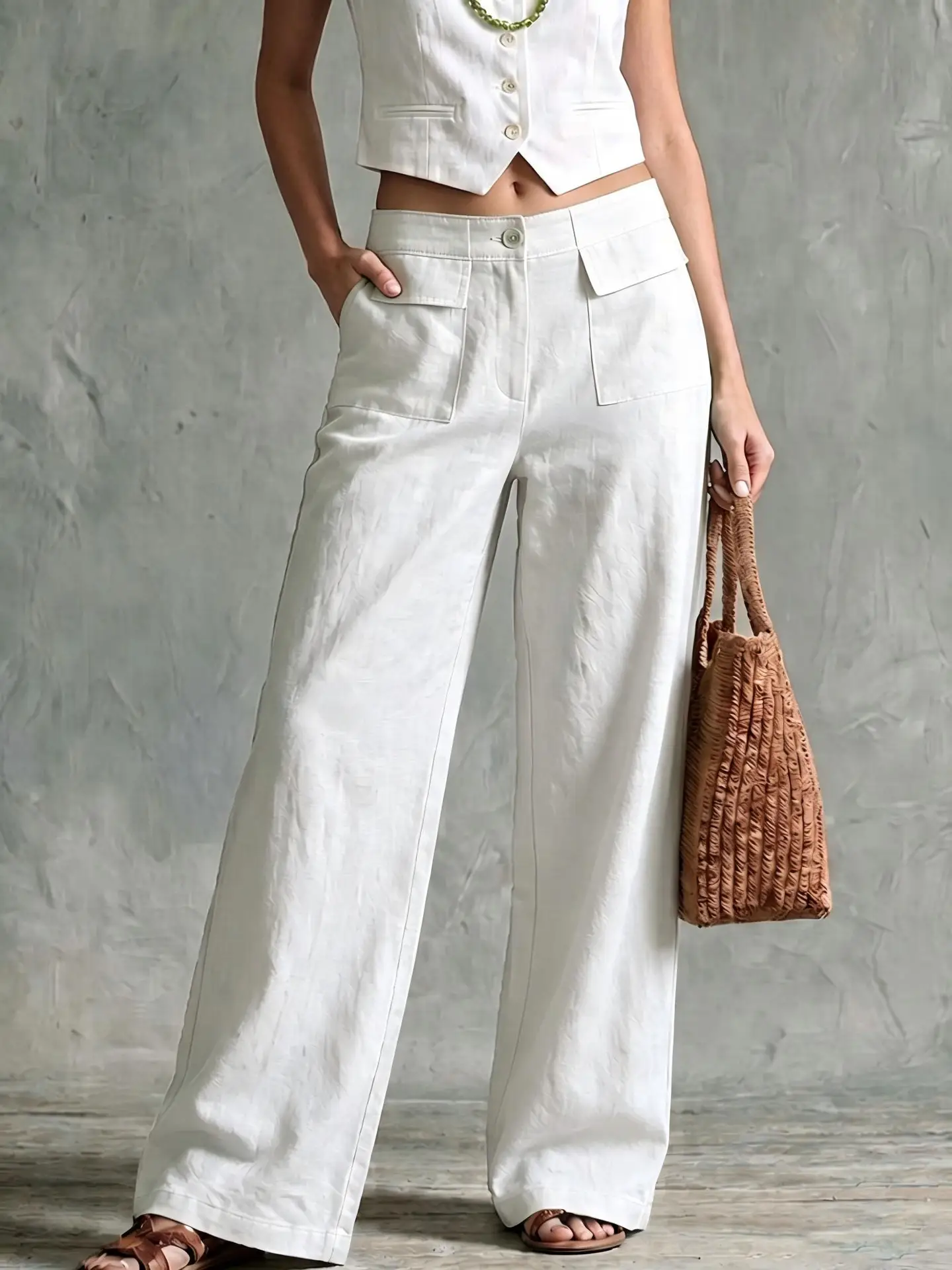 Solid-color Loose-fitting Casual Wide-leg Trousers For Women