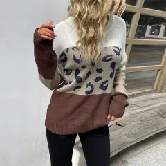 Casual Women's Long Sleeve Leopard Print Contrast Color Sweater - Coffee - View 1
