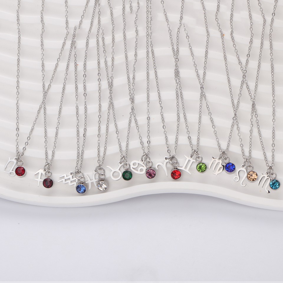 Western Birthstone Necklace With 12 Zodiac Gemstone Pendants