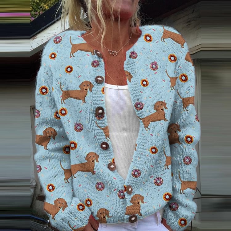 Striped Knitted Digital Print Floral Cardigan Halterneck Sweater Single-Breasted Long-Sleeve Loose-Fit