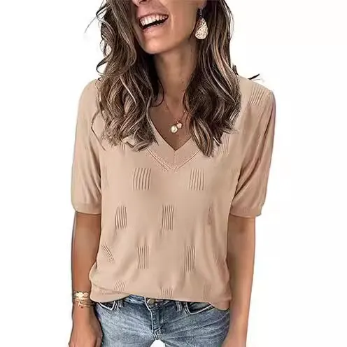European And American V neck Summer Knitwear Short Sleeve Top Apricot - Shop at LoveMi