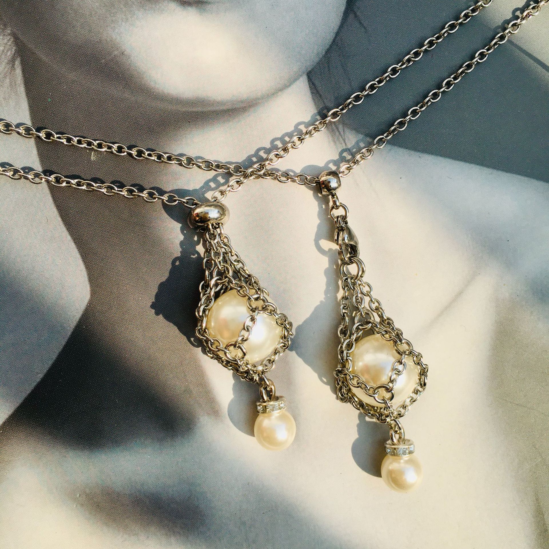 DIY Detachable Pearl Net Bag Crystal Pendant Necklace