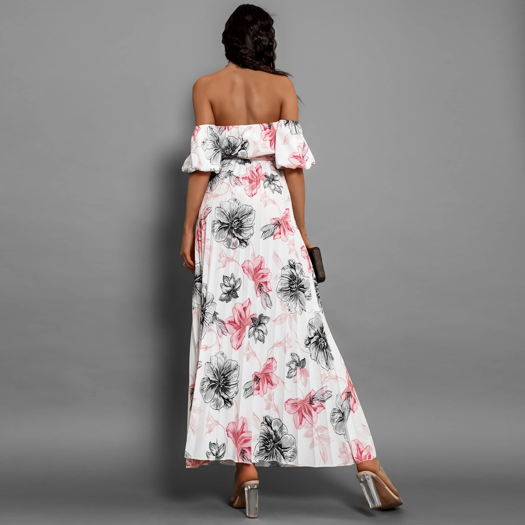 Women's Fashion Word Collar Pleated Printing Slip Shoulder Sleeve Printing Dress