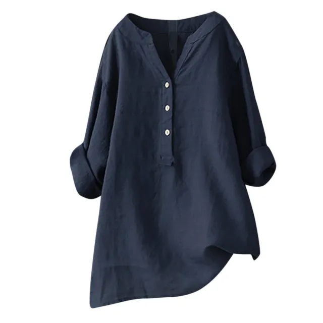 Loose Solid Color Stand Collar Button Long Sleeve Cotton And Linen Top Navy Blue - Shop at LoveMi