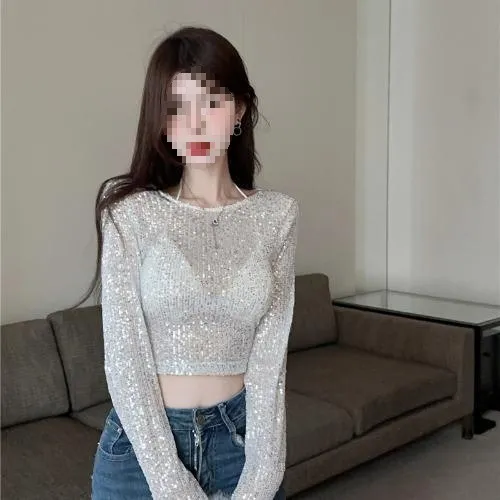 Sequined Shiny Top Cuff Stitching Ostrich Feather Long Sleeve Short White - Shop at LoveMi