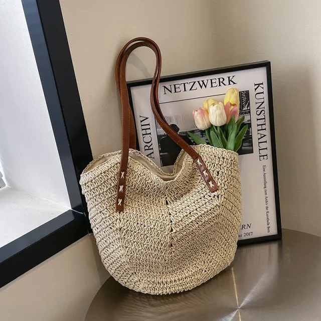 Straw Bag Holiday Shoulder Bag Fashion Woven Tote Bag White - Shop at LoveMi