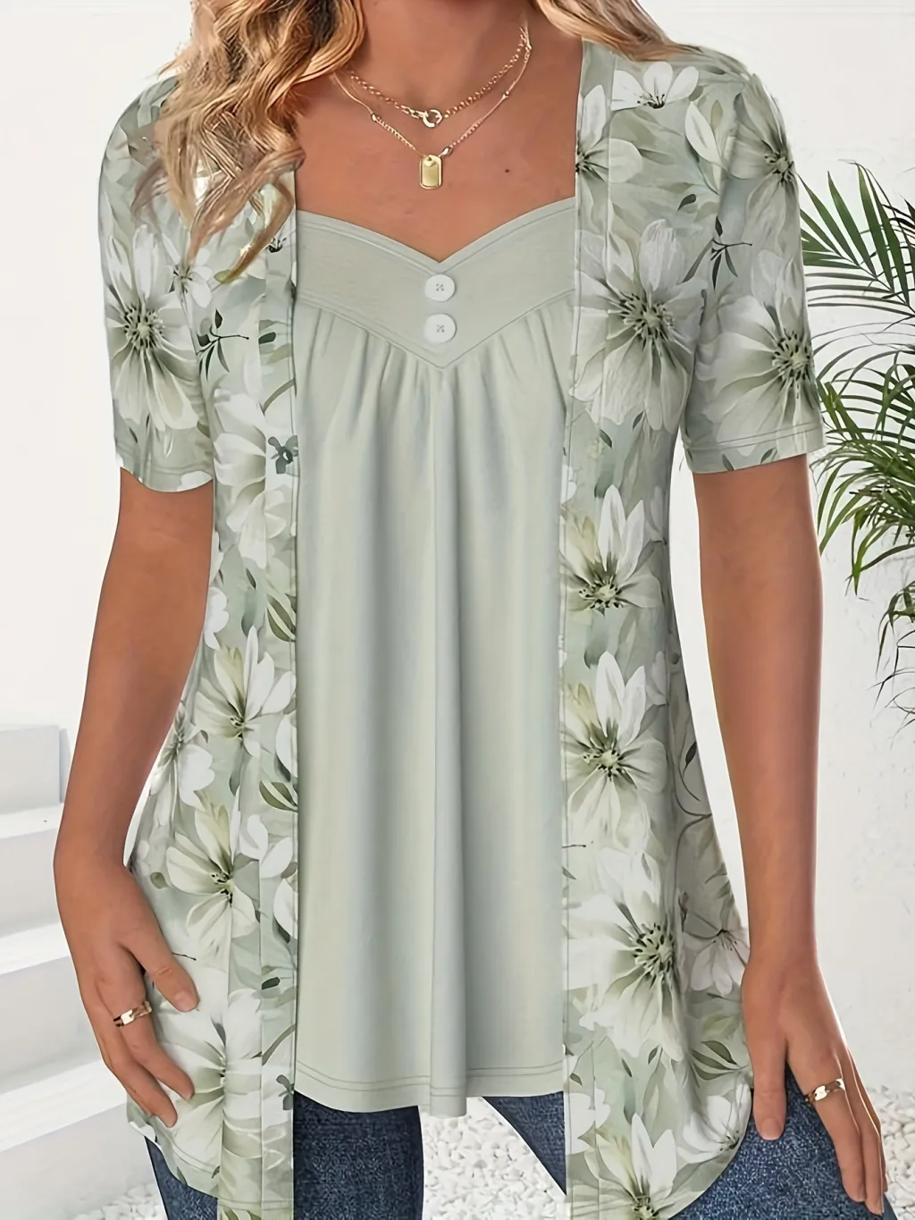 Fake Two Pieces Short Sleeve Printed Fashion Button Top - Yellow