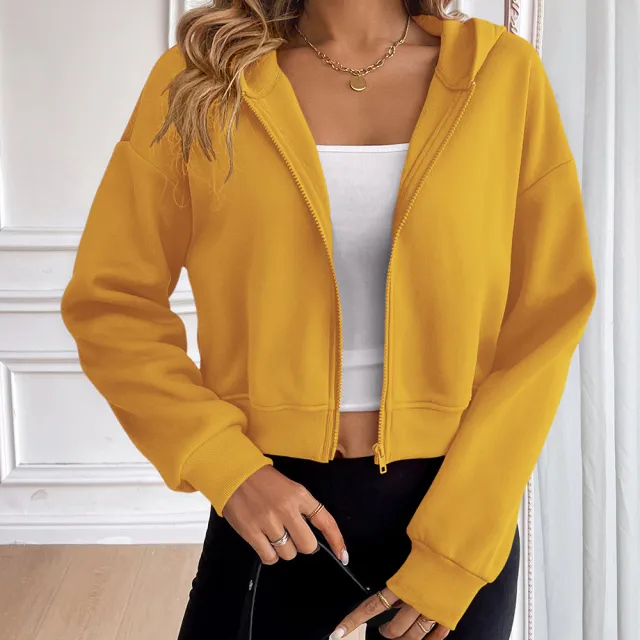 Women's Short Zipper Cardigan Hooded Casual Sweatshirt Yellow - Shop at LoveMi