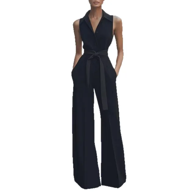 Fashionable Solid color Wide leg Jumpsuit With A Shirt Collar Black - Shop at LoveMi