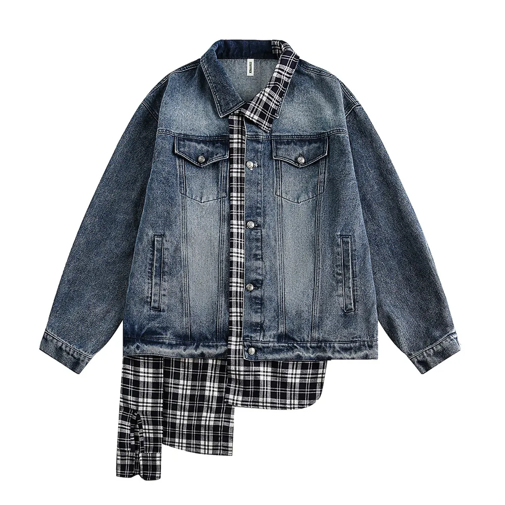 Irregular Stitching Plaid Fake Two Pieces Denim Jacket - Black Plaid