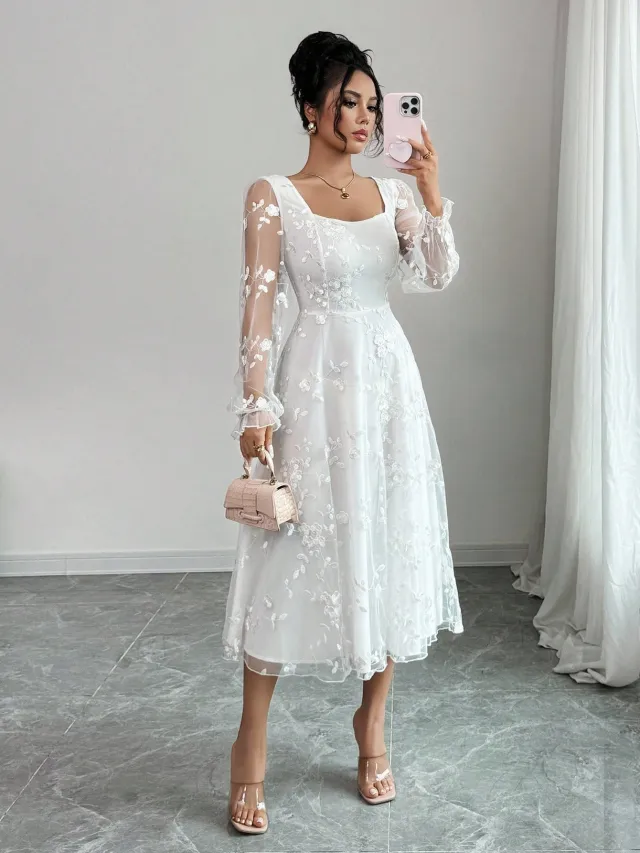 Elegant Jacquard Lace Dress In European And American Style White - Shop at LoveMi