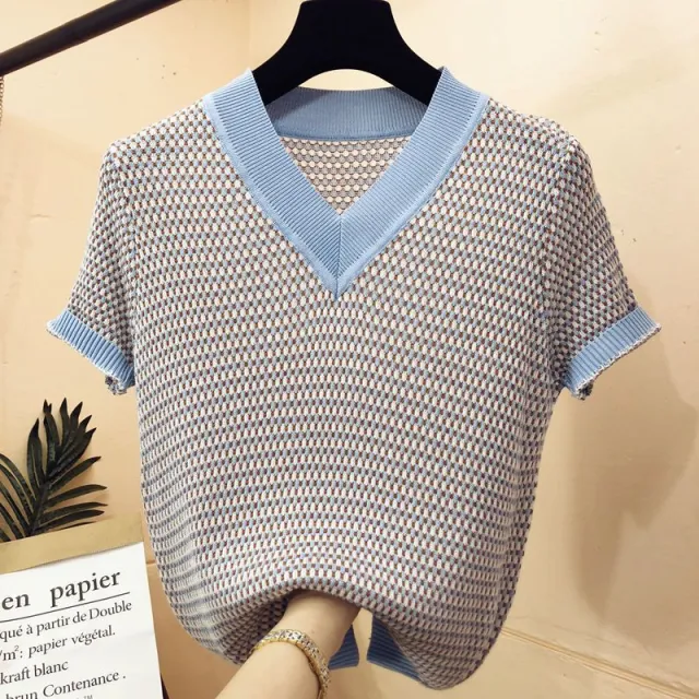 Summer Ice Silk Short sleeved T shirt Women's Sweater Fine Plaid V neck Bottoming Shirt Top Blue - Shop at LoveMi
