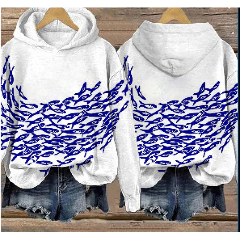 Womens Printed Hooded Long-Sleeve Pullover Sweatshirt