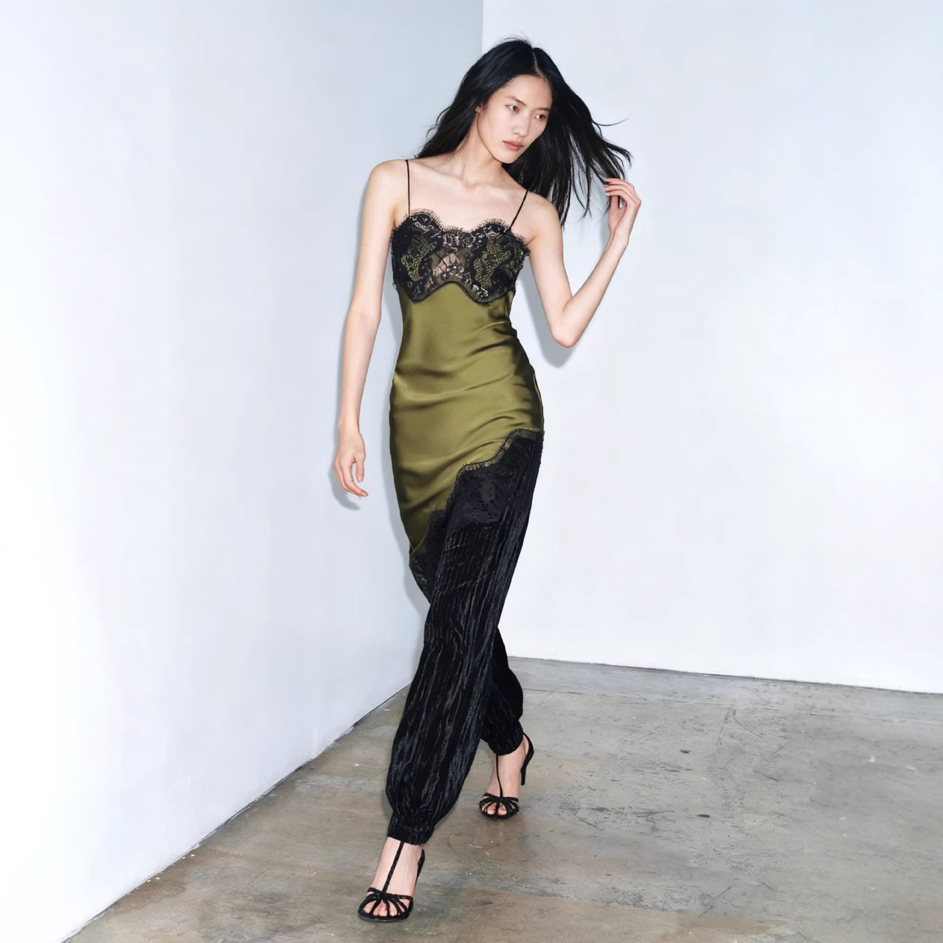 Olive Green Satin Patchwork Lace Slip Dress