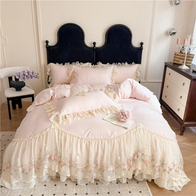 Skin friendly Cotton Chiffon Lace Embroidery Four piece Of Bed Skirt Aurora Powder - Shop at LoveMi