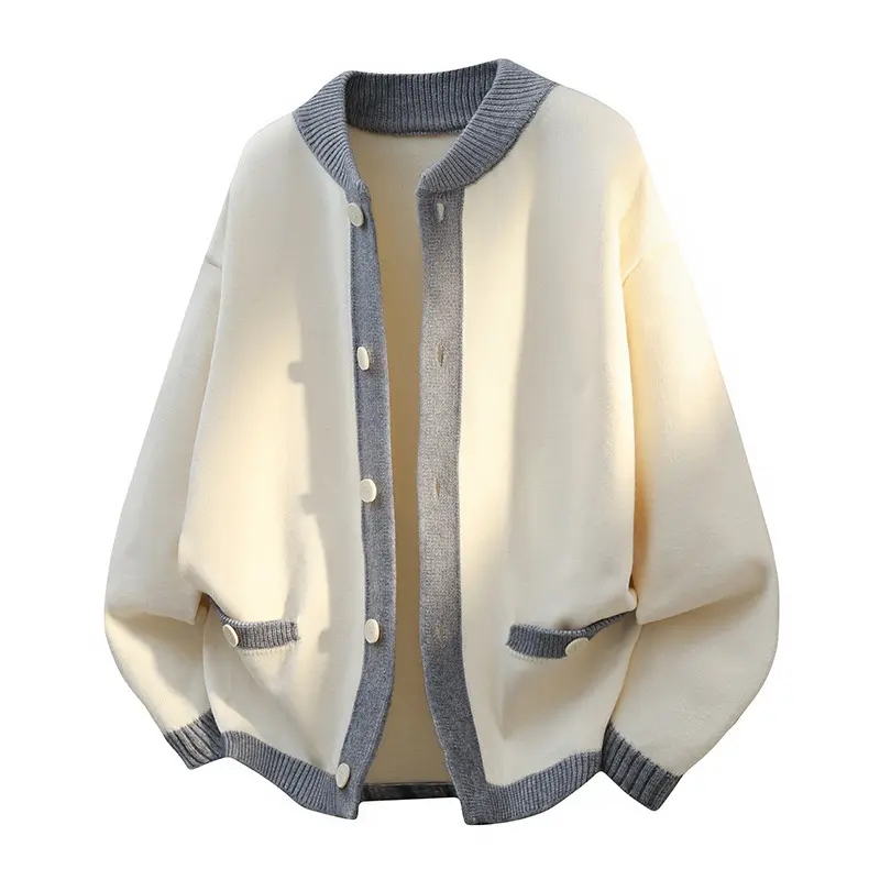 Color Block Crew Neck Mens Knitted Cardigan