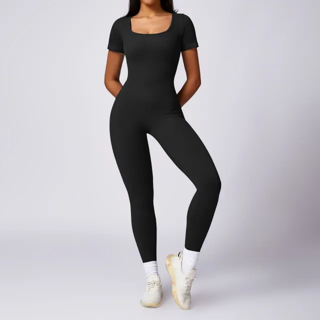 Women's Tight Seamless Back One piece High strength Thread Short sleeved Fitness Sports Jumpsuit Black - Shop at LoveMi
