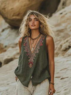 Women's Floral Printed V-neck Vest Top - Green - View 1