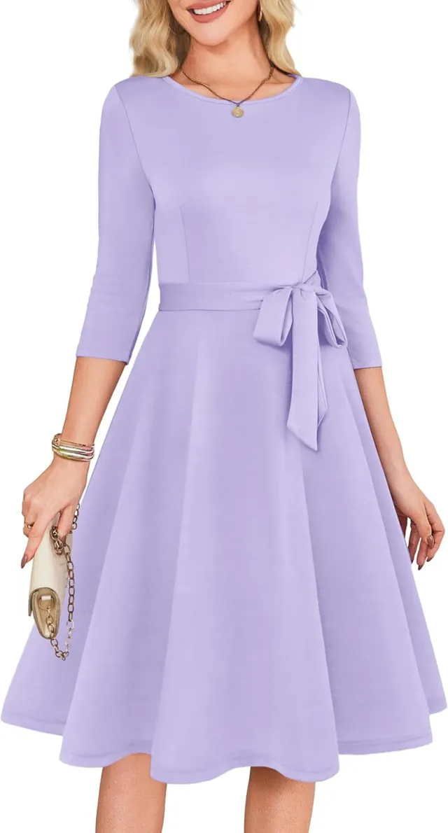 New Solid Color Cocktail Dress With 34 Sleeves, Vintage Style, Elegant Round Neck Gown For Wedding Guests Lavender Purple - Shop at LoveMi