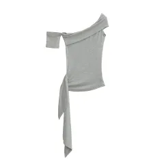 Pure Desire Ribbon Off-shoulder Tube Women's Elastic Slim-fit Asymmetric Top - Flower Gray - View 1