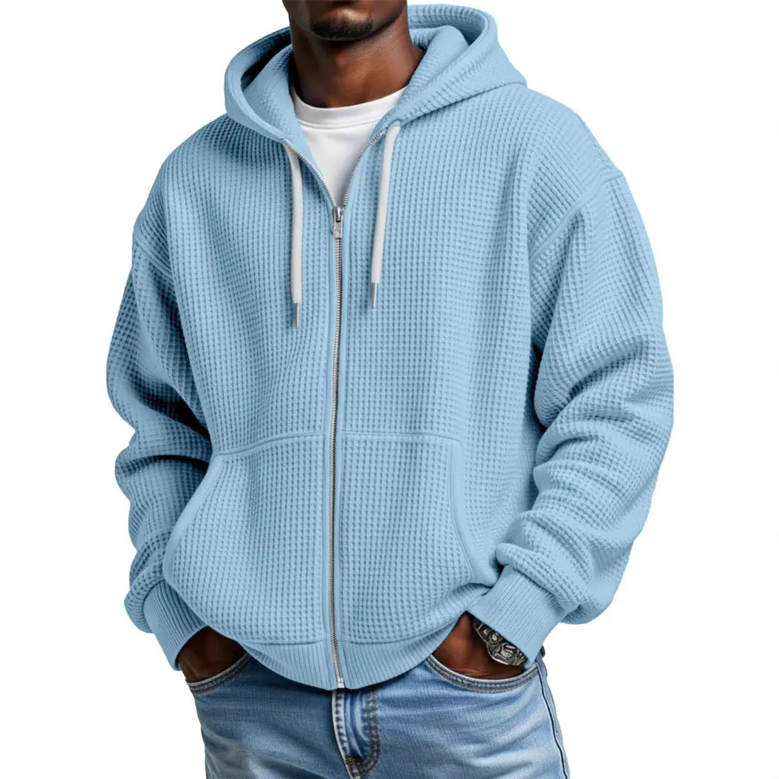 Mens Solid Color Loose-Fit Hooded Zip Up