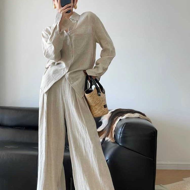 Breathable Shirt And Versatile Wide-Leg Pants Two-Piece Set For Women