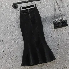 Denim Women's Ruffled Denim Skirt High Waist Slimming Stretch Midi Skirt - Black - View 1