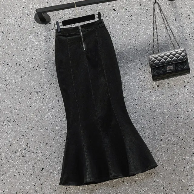 Denim Women's Ruffled Denim Skirt High Waist Slimming Stretch Midi Skirt Black - Shop at LoveMi