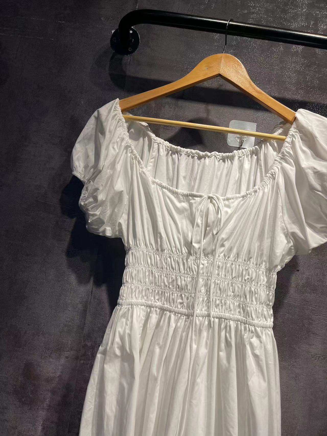 Women's Black Plaid Cotton Puff Sleeve Waist-controlled Large Hem Lace-up Dress