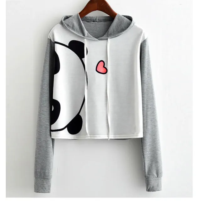 Sweet Panda Print Color Insertion Long Sleeve Gray - Shop at LoveMi