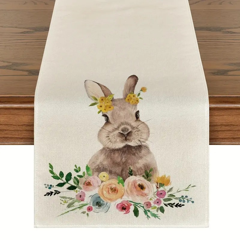 Easter Table Runner Rabbit Egg Decoration Linen Printing Table Cloth - Picture 8 of 32