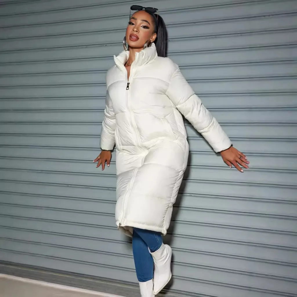 Women's Fashion Zipper Cotton Coat With Solid Colour Warm - White