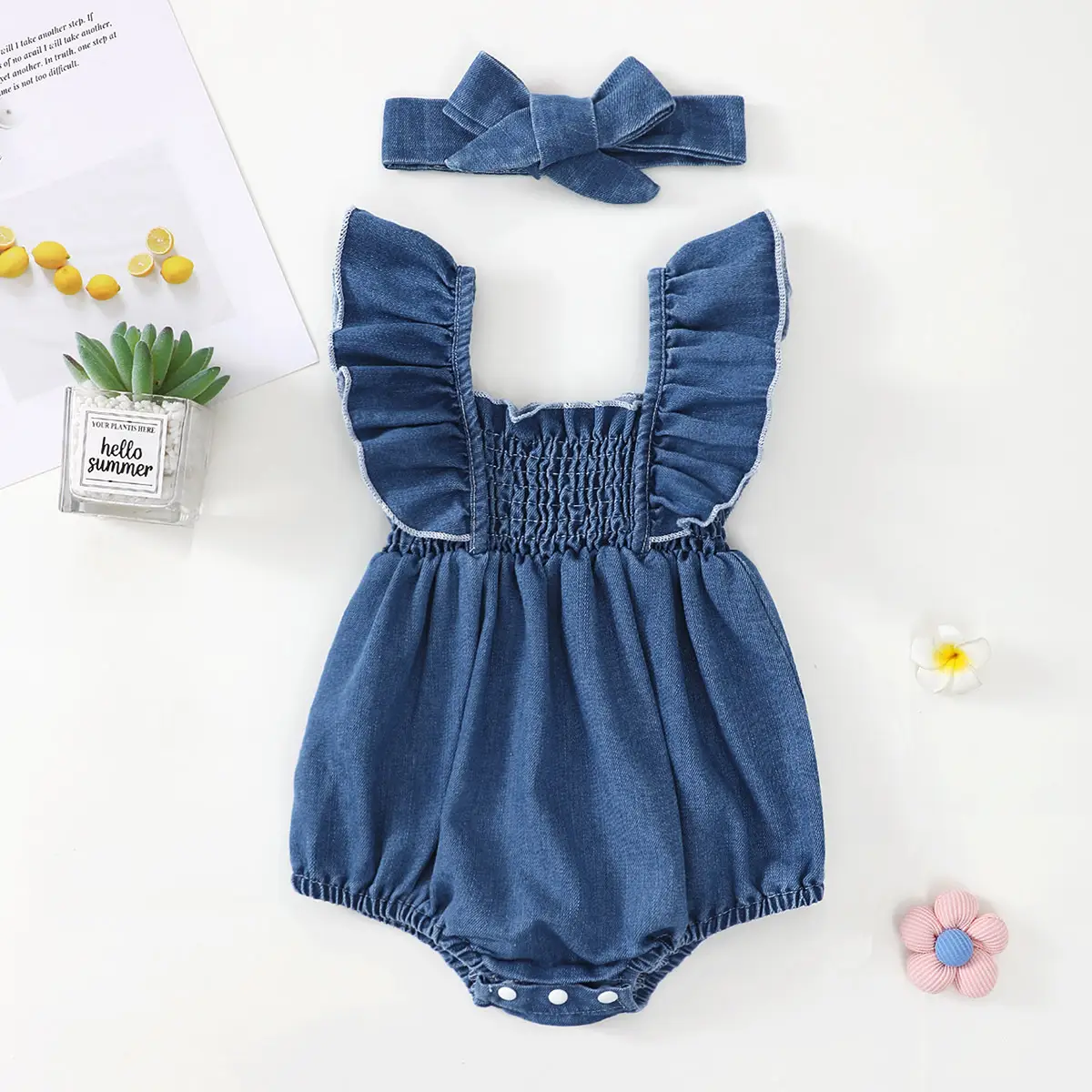 Denim Ruffled Romper With Headscarf Two-piece Set