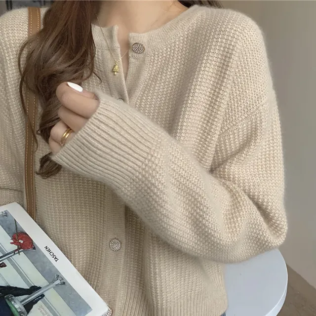 Women's Round Neck Knitted Cardigan Sweater Coat Beige Apricot - Shop at LoveMi