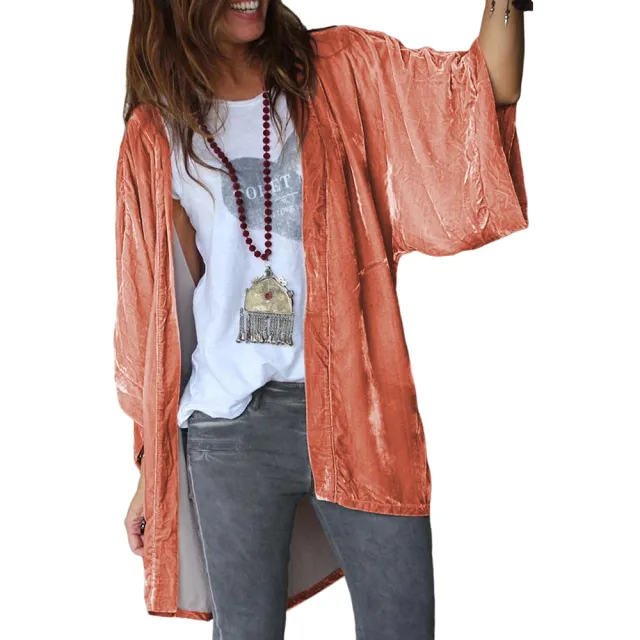 Pink Vintage Velvet Wide Sleeve Cardigan Top Women's European And American Spring And Autumn New Fashion Thin Coat Pink - Shop at LoveMi