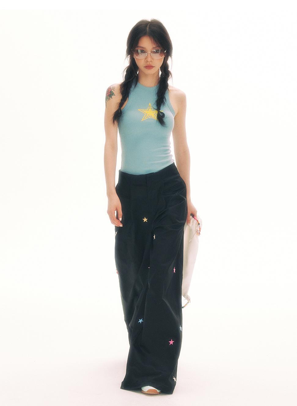 Embroidery Black Cargo Street Straight-leg Pants High Waist Loose Casual Trousers