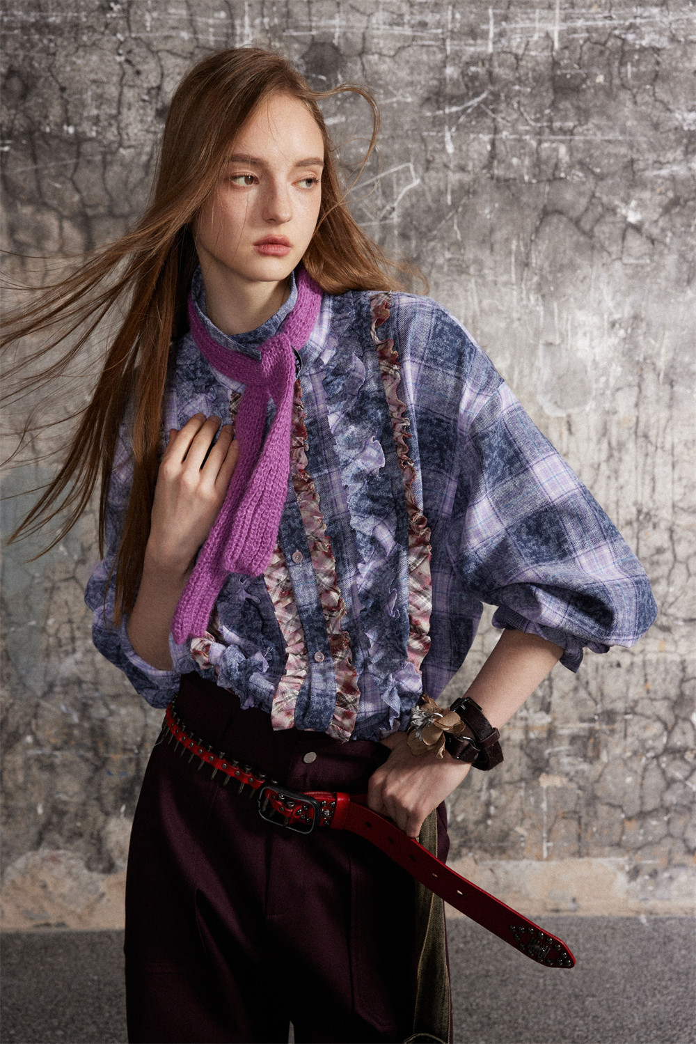 Fashion Loose Design Placket Lace Pleated Lapel Shirt
