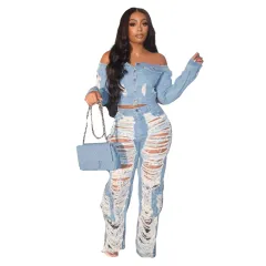 Women's Fashion Individual Casual Ripped Jeans - Light Blue - View 1