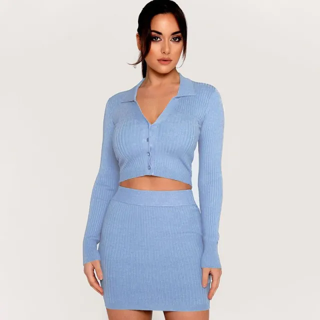 Autumn And Winter Leisure Fashion V neck Slim fit Long Sleeve Miniskirt Two piece Set Women's Knitted Suit Light Blue - Shop at LoveMi