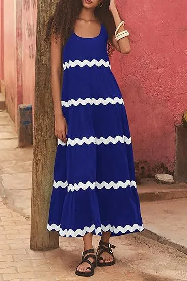 U shaped Collar Corrugated Tube Top Solid Color A Line Slip Dress Blue - Shop at LoveMi