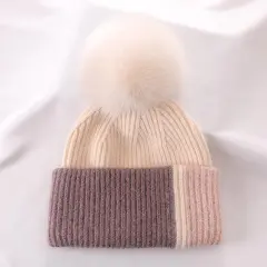 Rabbit Fur Autumn Winter Korean Cute Real Fox Fur Ball Thick Warm Plush Knitted Hat - Beige - View 1