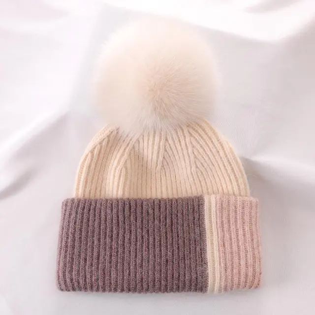 Rabbit Fur Autumn Winter Korean Cute Real Fox Fur Ball Thick Warm Plush Knitted Hat Beige - Shop at LoveMi