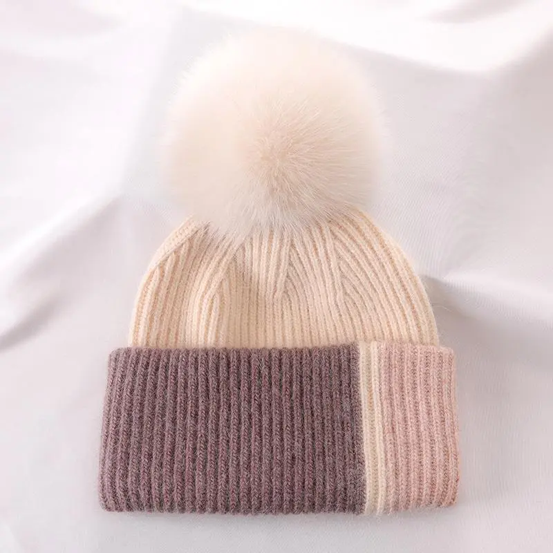 Rabbit Fur Autumn Winter Korean Cute Real Fox Fur Ball Thick Warm Plush Knitted Hat - Beige