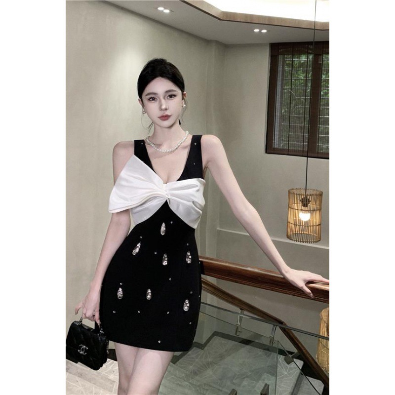 Bow Heavy Industry Manual Beaded V-neck Sleeveless Vest A- Line Dress Short