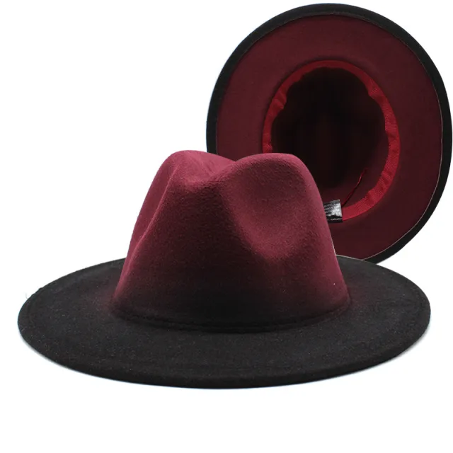 New Wide Brim Woolen Thick Gradient Two color Top Hat Wine Reddish Black - Shop at LoveMi