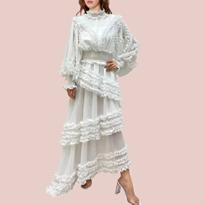 High-Neck Long-Sleeve Asymmetric Dress