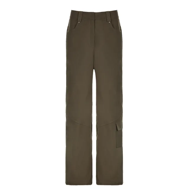 Women's Street Style Solid Color Asymmetric Pocket Loose Casual Pants Brown - Shop at LoveMi