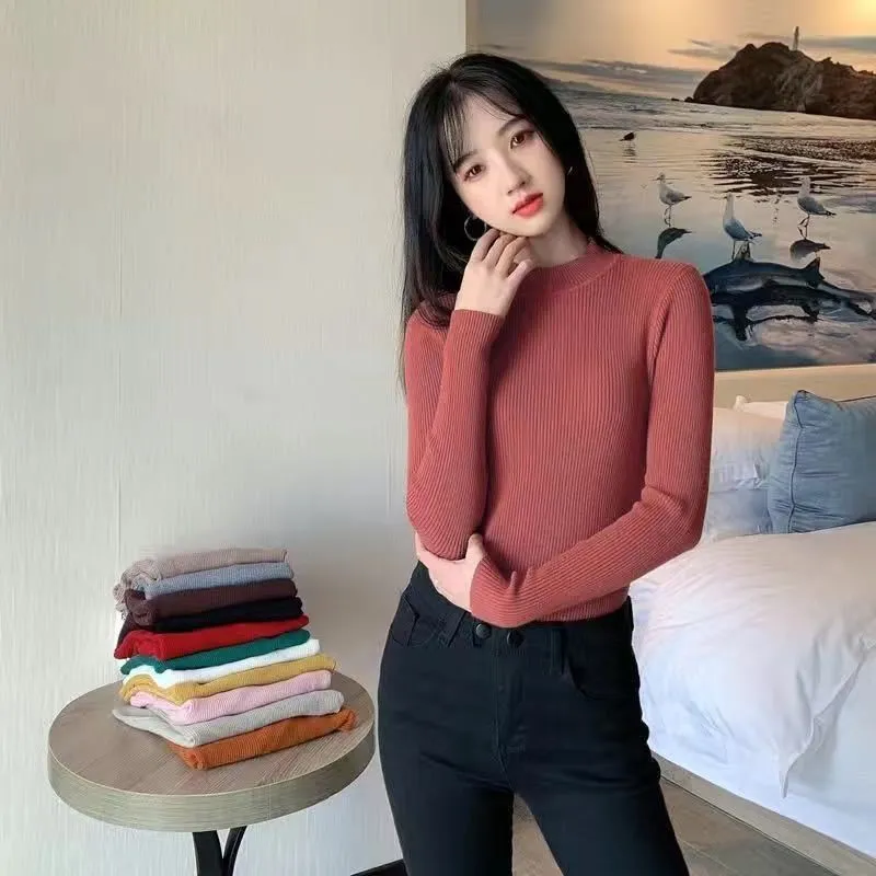 Autumn And Winter New Half Turtleneck Slim Fit Long Sleeve Inner Wear Knitwear For Women - Brick Red