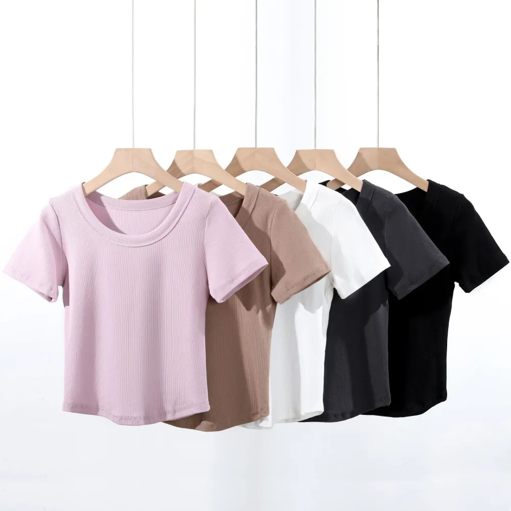 Women's French-style O-neck Short ICE Cotton T-shirt With Curved Hem