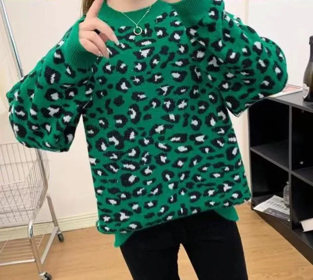 Leopard Jacquard Contrast Color Loose Thick Sweater Pullover Sweater Green And White - Shop at LoveMi